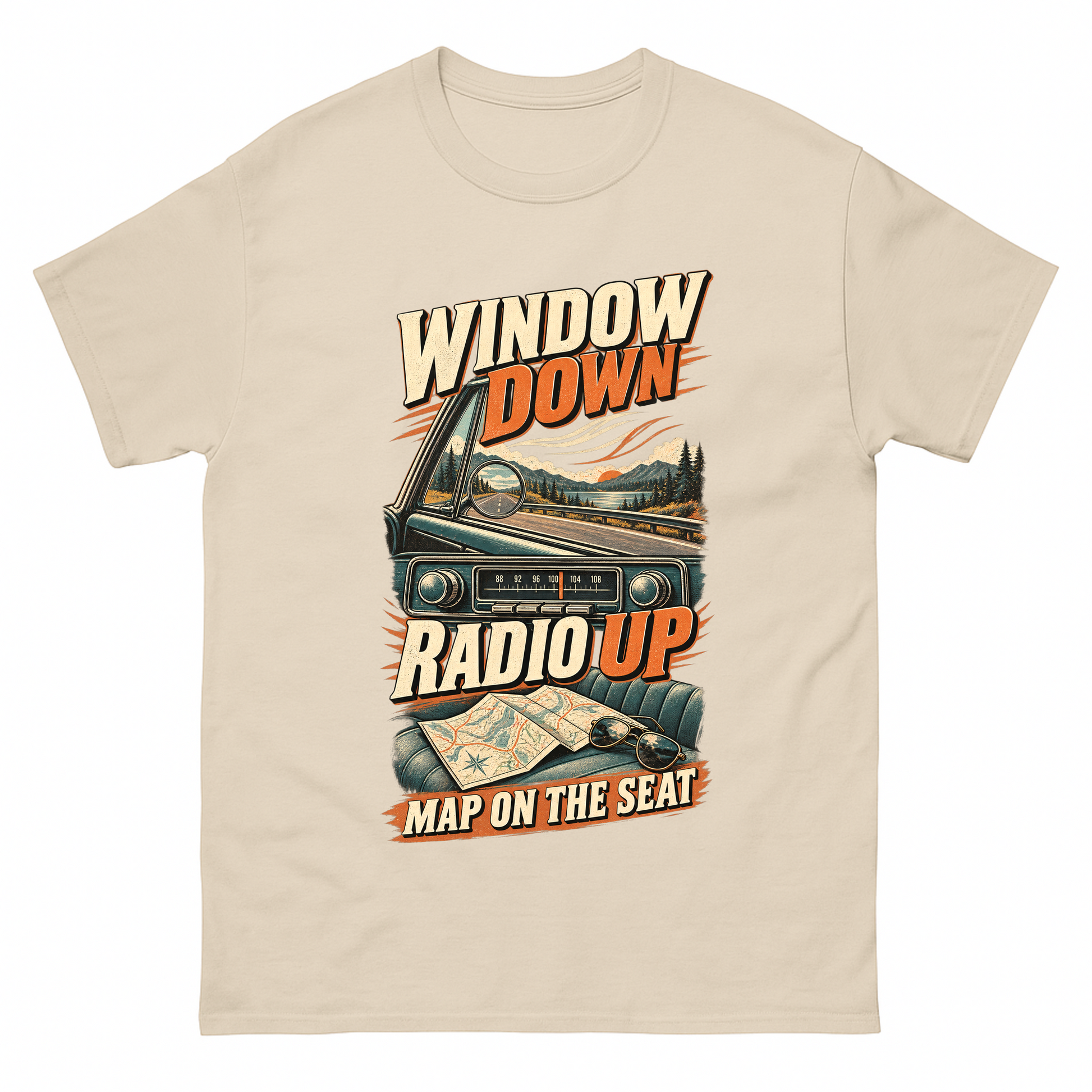 Sand vintage t-shirt with Window Down Radio Up. Map On The Seat printed front design