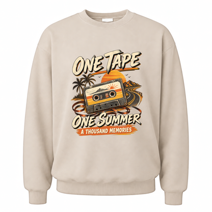 Sand vintage sweatshirt with One Tape One Summer A Thousand Memories printed front design