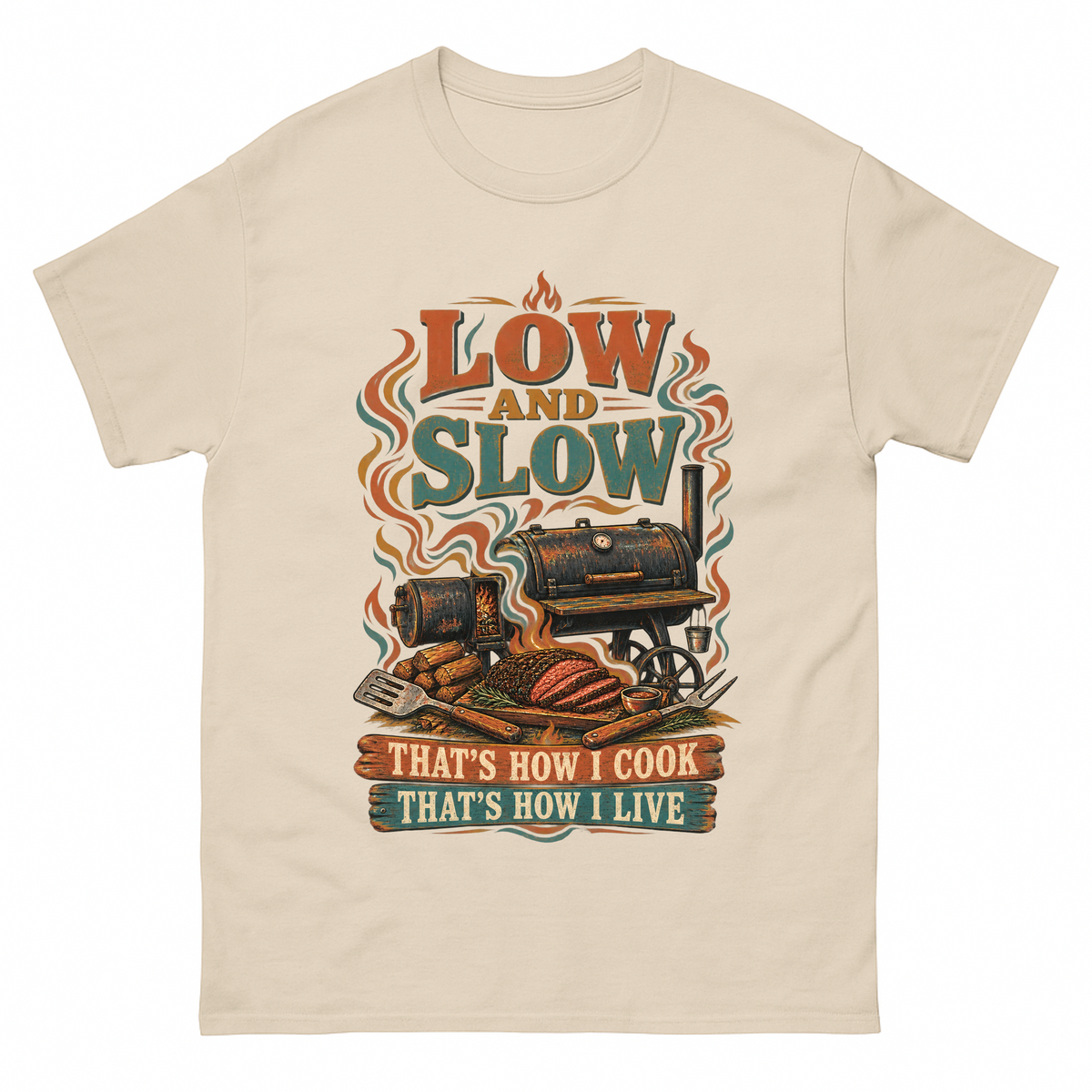 Sand vintage t-shirt with Low And Slow That’s How I Cook That’s How I Live printed front design