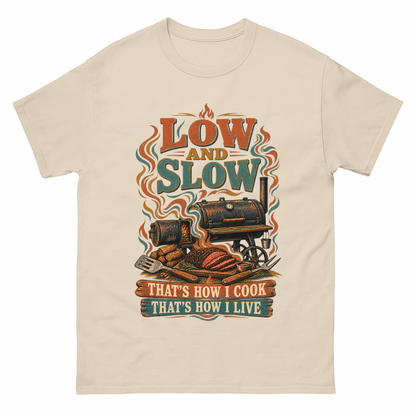 Sand vintage t-shirt with Low And Slow That’s How I Cook That’s How I Live printed front design