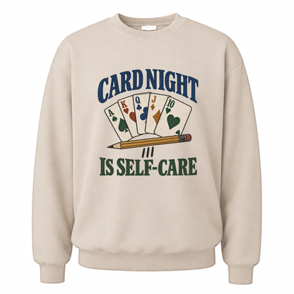 Sand vintage sweatshirt with Card Night Is Self-Care printed front design