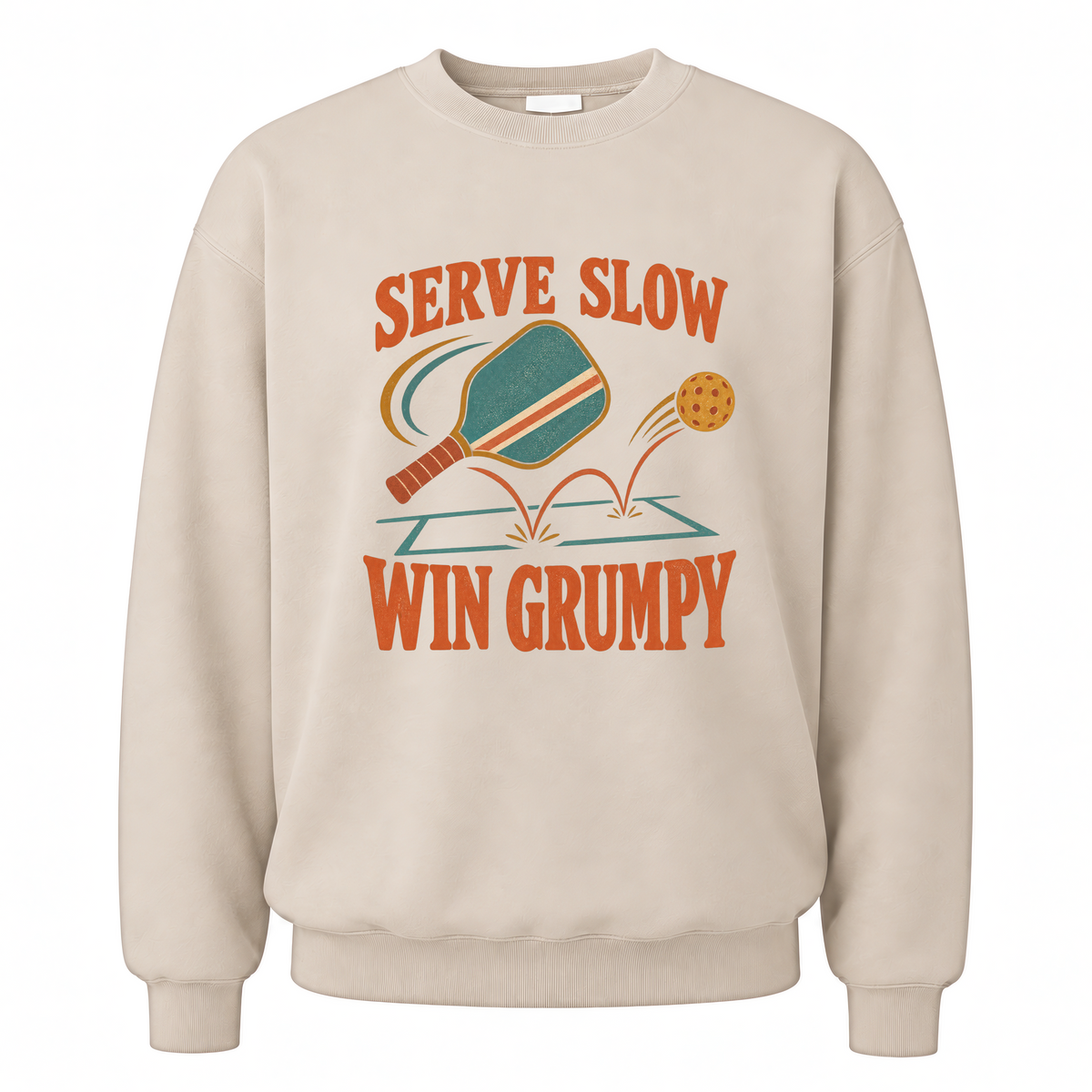 Sand vintage sweatshirt with Serve Slow Win Grumpy printed front design