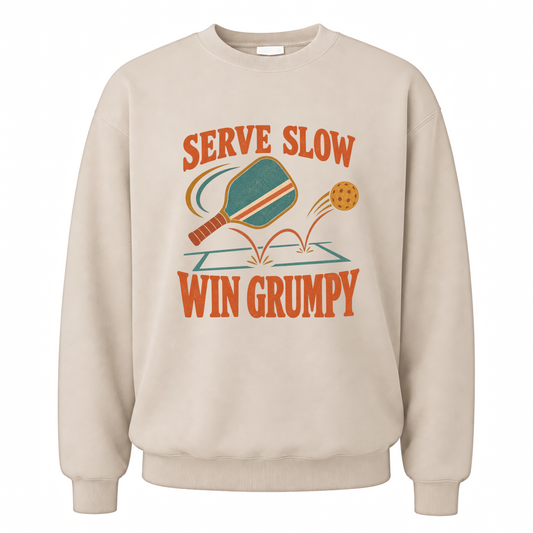 Sand vintage sweatshirt with Serve Slow Win Grumpy printed front design