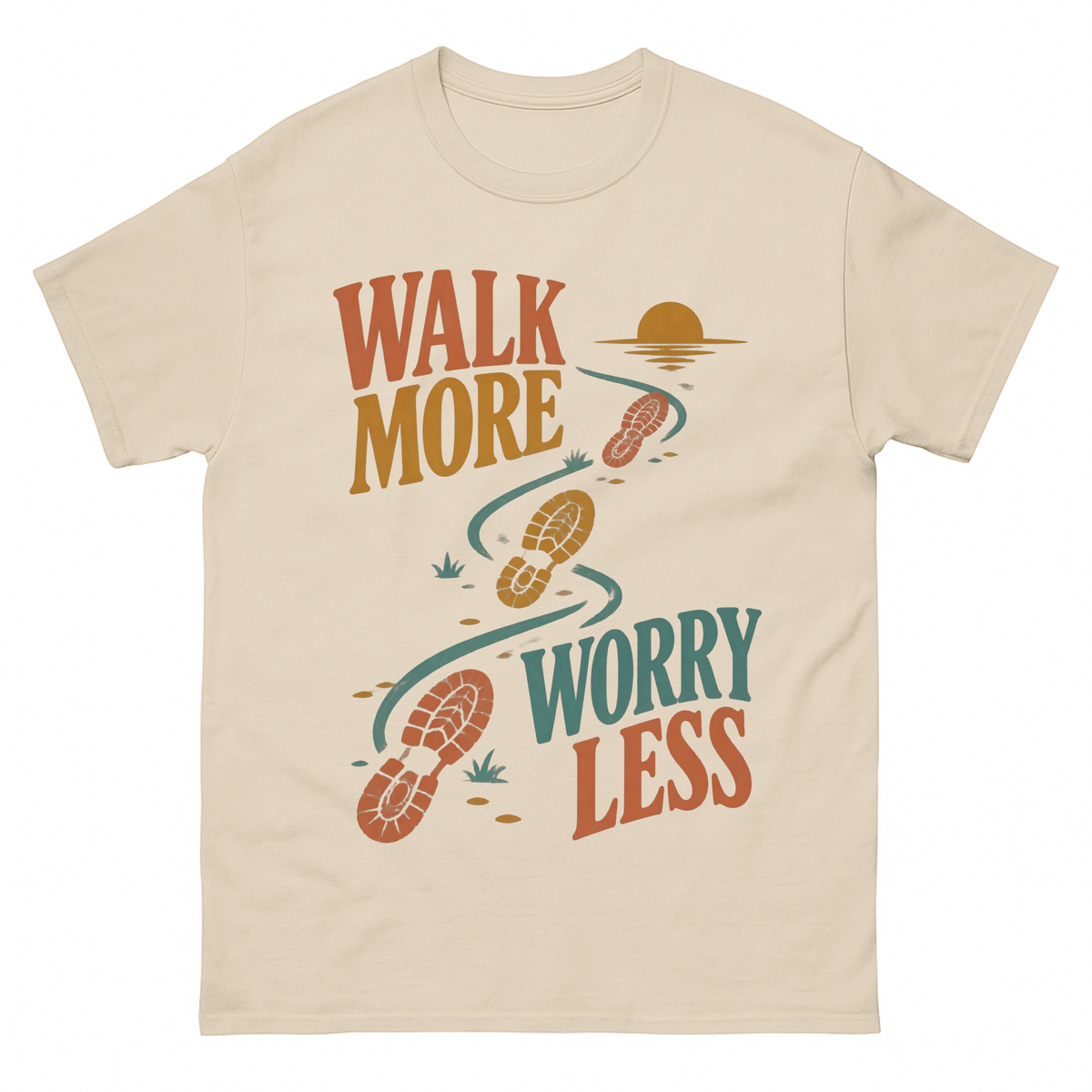Sand vintage t-shirt with Walk More. Worry Less printed front design