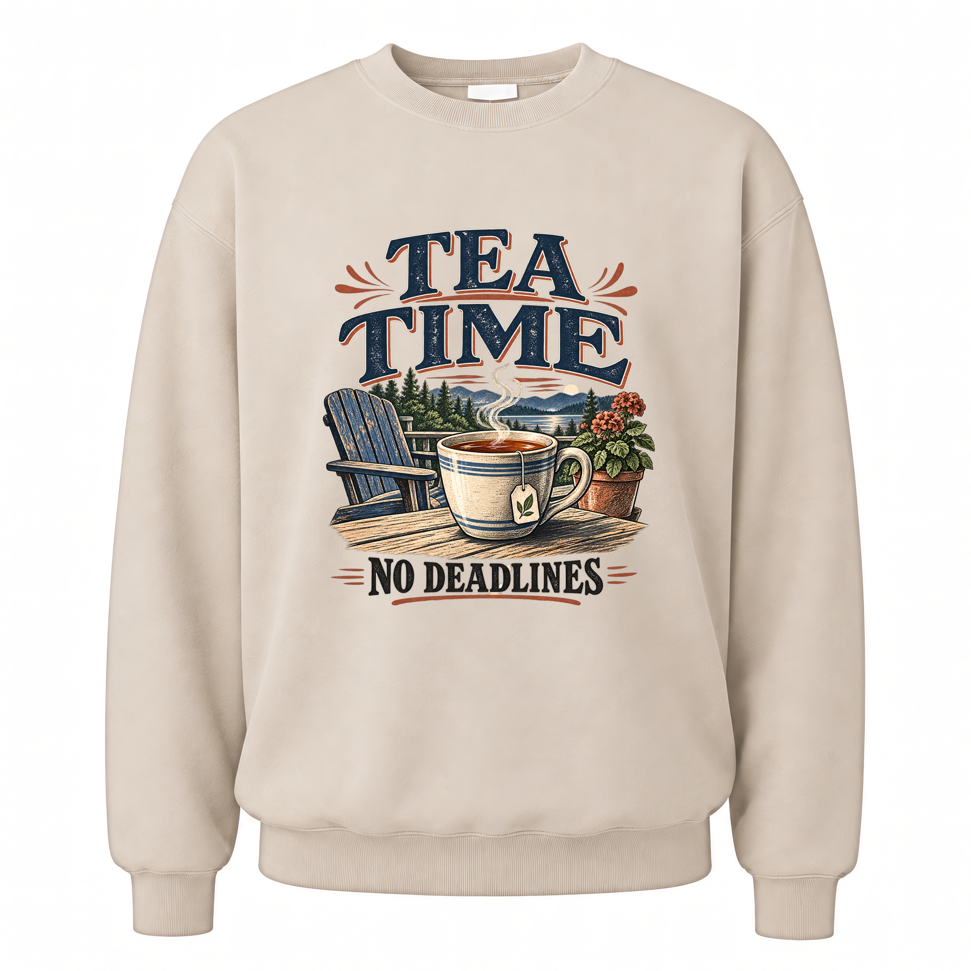 Sand vintage sweatshirt with Tea Time. No Deadlines printed front design