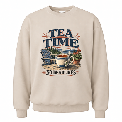 Sand vintage sweatshirt with Tea Time. No Deadlines printed front design