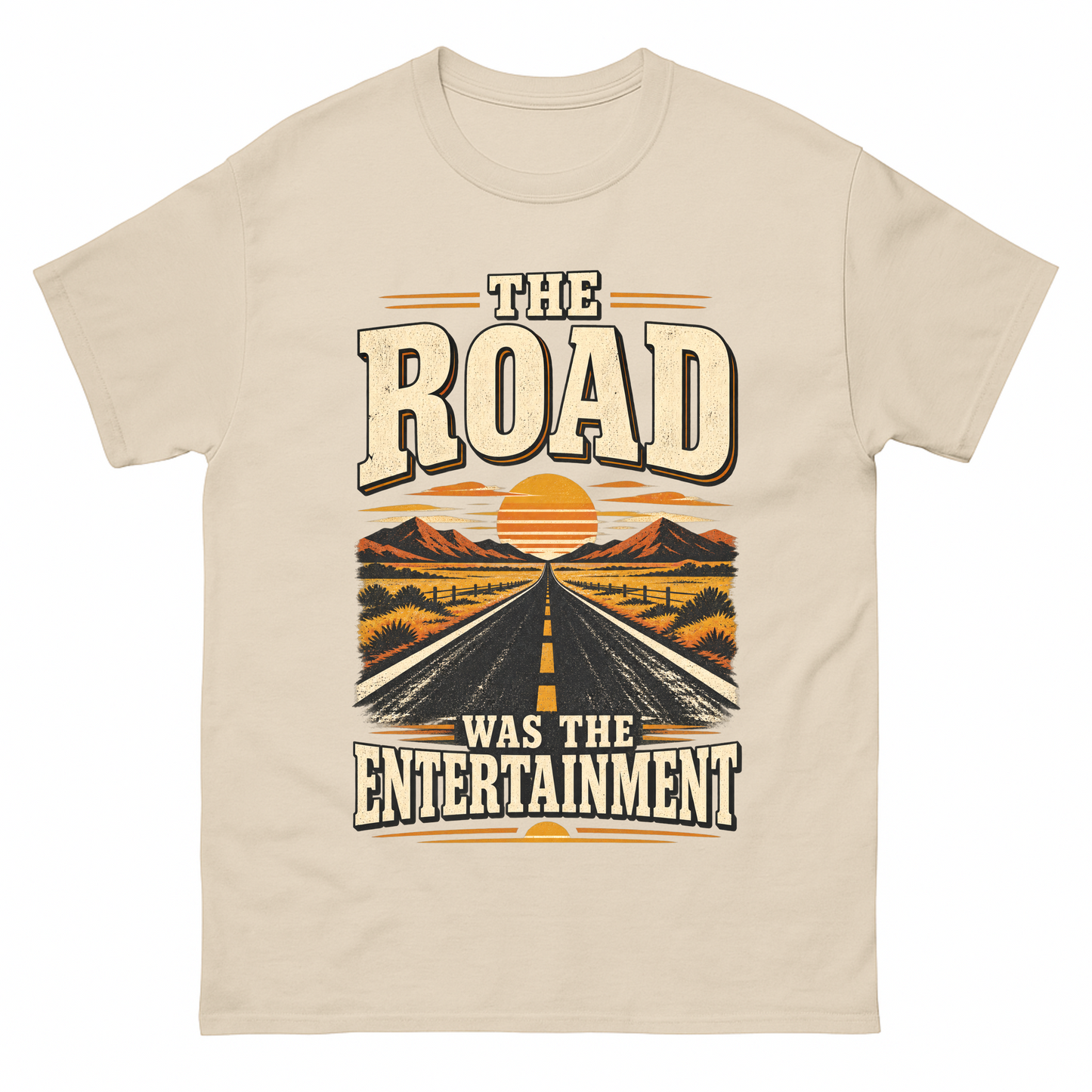 Sand vintage t-shirt with The Road Was The Entertainment printed front design