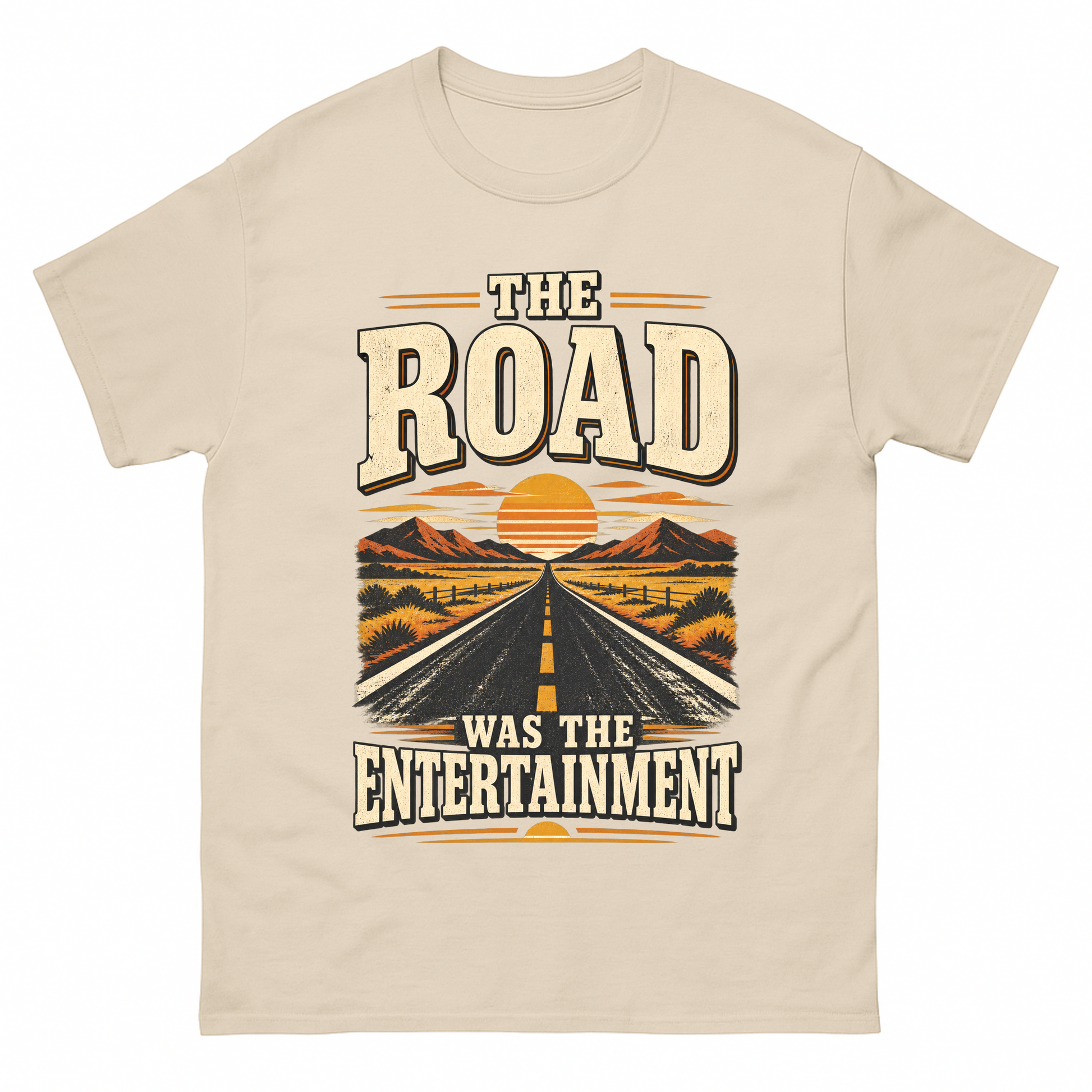 Sand vintage t-shirt with The Road Was The Entertainment printed front design