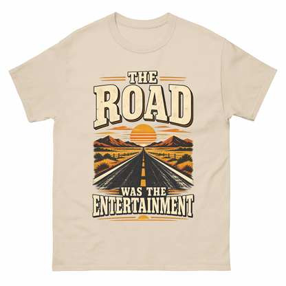 Sand vintage t-shirt with The Road Was The Entertainment printed front design
