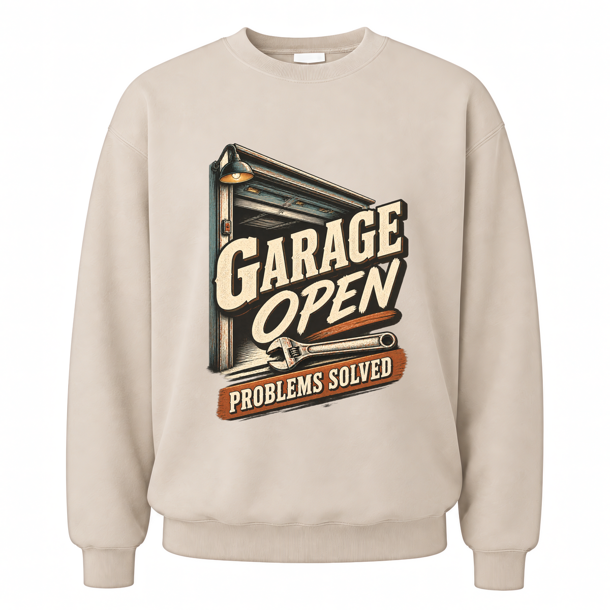Sand vintage sweatshirt with Garage Open Problems Solved printed front design