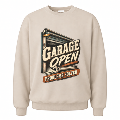 Sand vintage sweatshirt with Garage Open Problems Solved printed front design