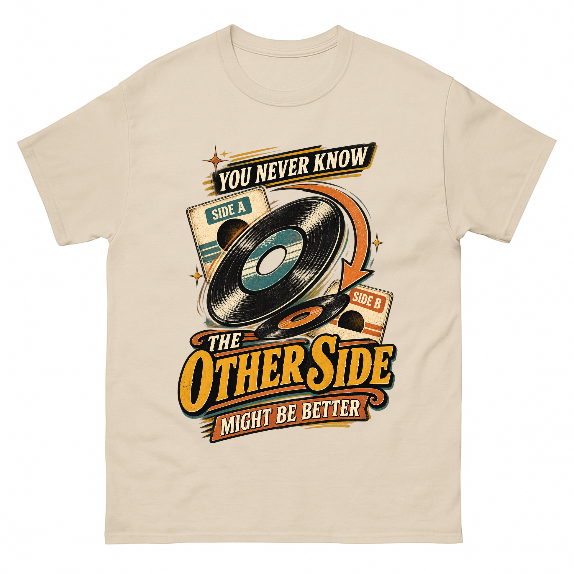 Sand vintage t-shirt with you never know the other side vertical ideogram 4x printed front design