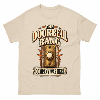 Sand vintage t-shirt with The Doorbell Rang Company Was Here printed front design
