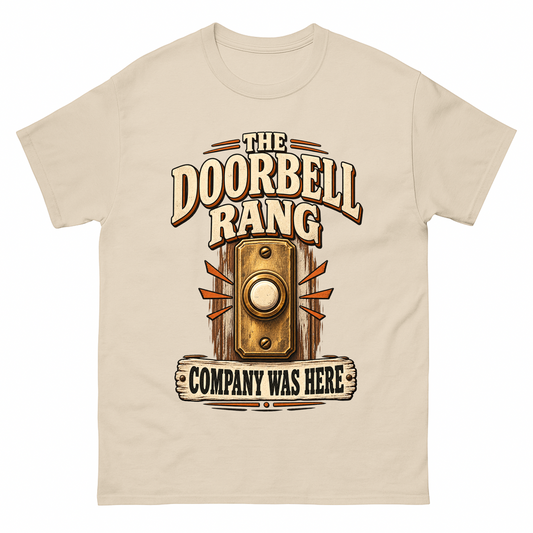 Sand vintage t-shirt with The Doorbell Rang Company Was Here printed front design