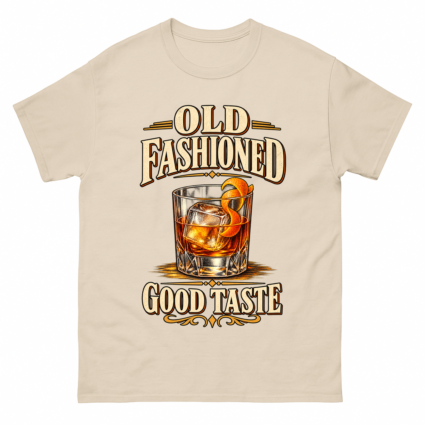 Sand vintage t-shirt with Old Fashioned Good Taste printed front design