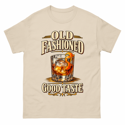 Sand vintage t-shirt with Old Fashioned Good Taste printed front design