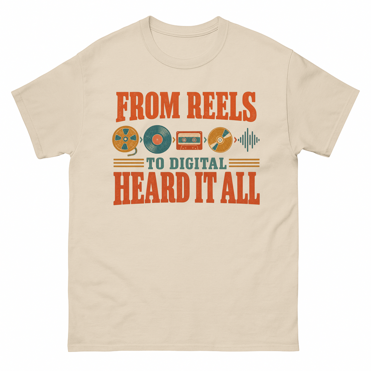 Sand vintage t-shirt with From Reels To Digital Heard It All printed front design