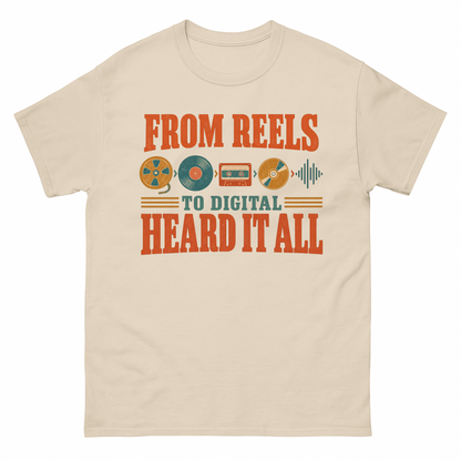 Sand vintage t-shirt with From Reels To Digital Heard It All printed front design