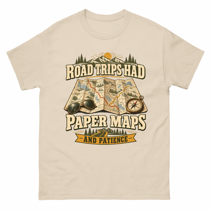 Sand vintage t-shirt with Road Trips Had Paper Maps And Patience printed front design