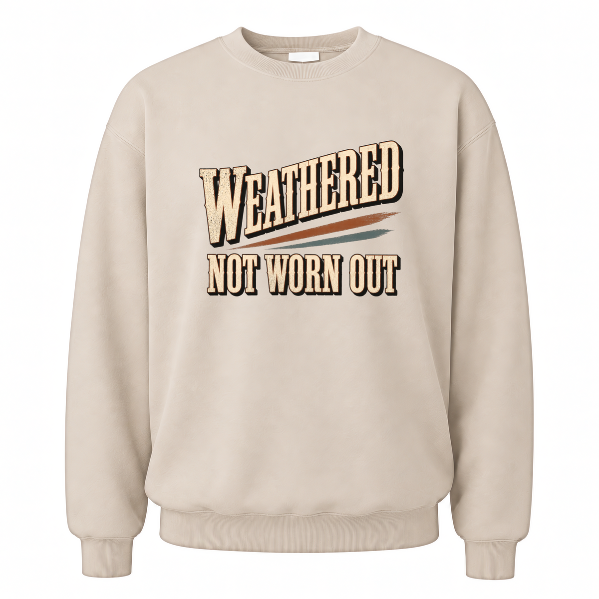 Sand vintage sweatshirt with Weathered Not Worn Out printed front design
