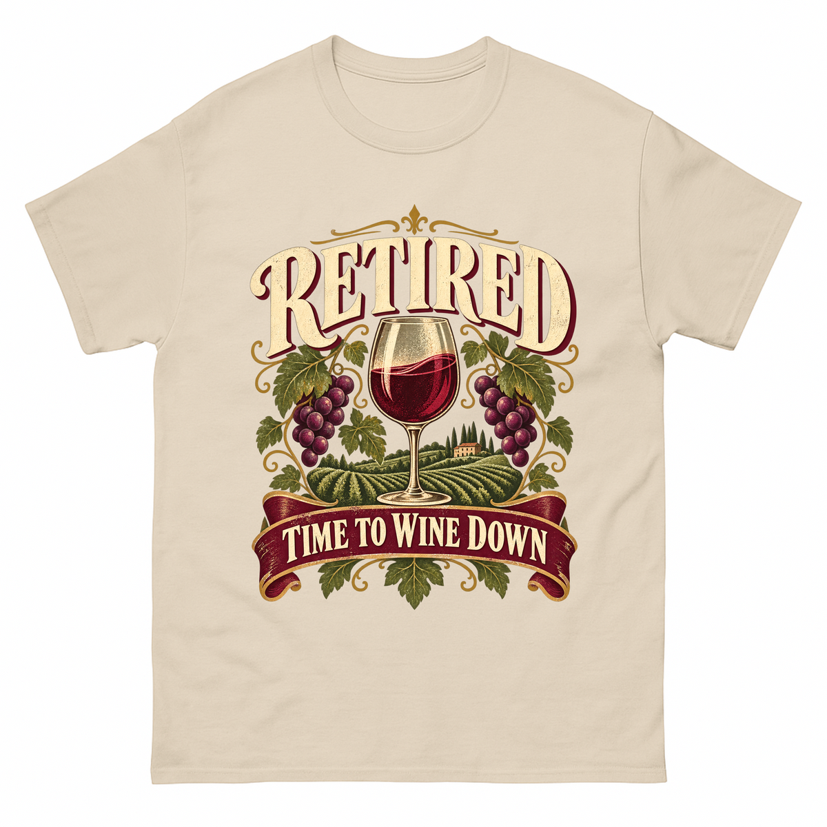 Sand vintage t-shirt with Retired Time To Wine Down printed front design
