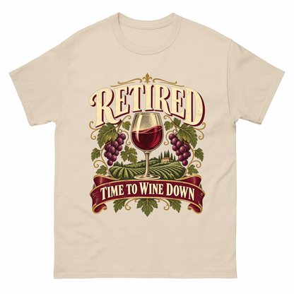 Sand vintage t-shirt with Retired Time To Wine Down printed front design