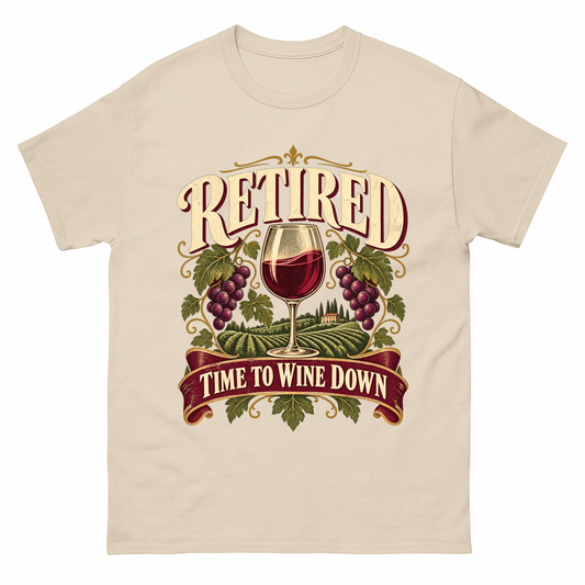 Sand vintage t-shirt with Retired Time To Wine Down printed front design
