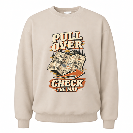 Sand vintage sweatshirt with Pull Over. Check The Map printed front design