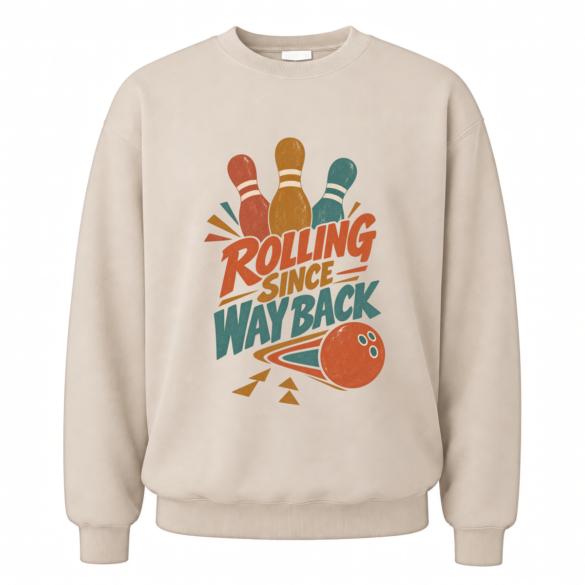 Sand vintage sweatshirt with Bowling Since Way Back printed front design