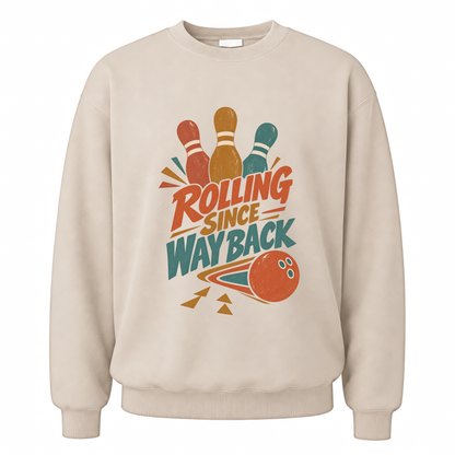 Sand vintage sweatshirt with Bowling Since Way Back printed front design