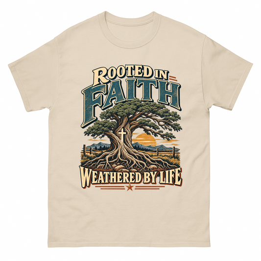 Sand vintage t-shirt with Rooted In Faith Weathered By Life printed front design