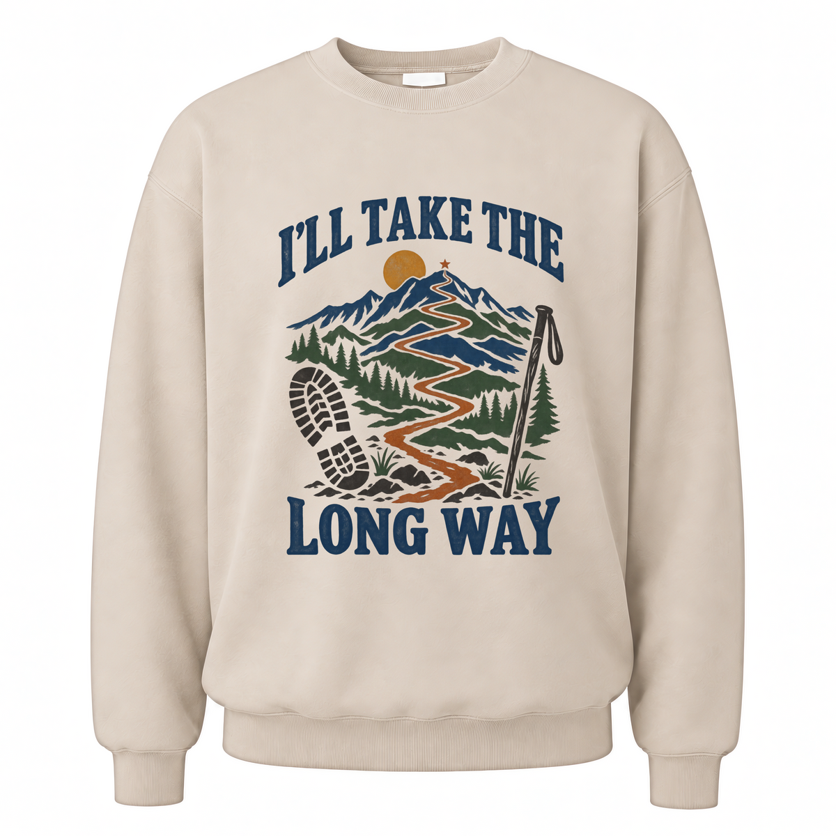 Sand vintage sweatshirt with I’Ll Take The Long Way printed front design