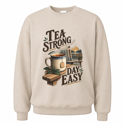Sand vintage sweatshirt with Tea Strong Day Easy printed front design