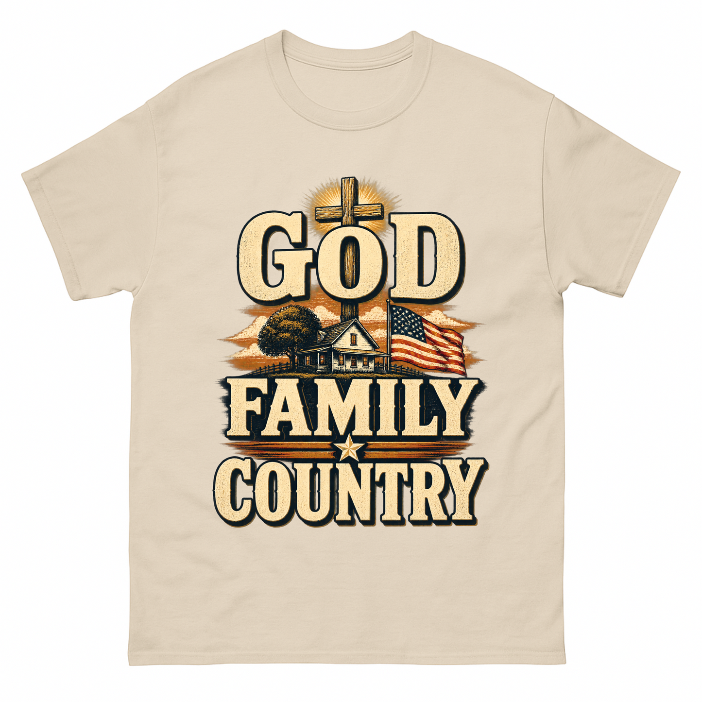 Sand vintage t-shirt with God Family Country printed front design