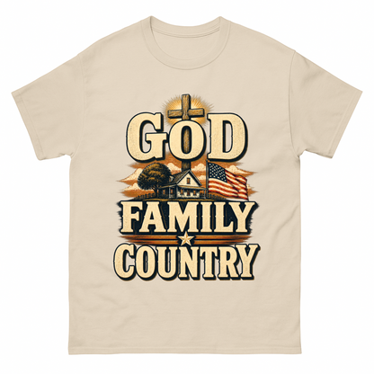 Sand vintage t-shirt with God Family Country printed front design