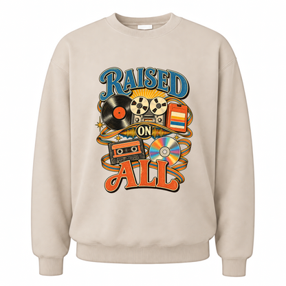 Sand vintage sweatshirt with Raised On All printed front design