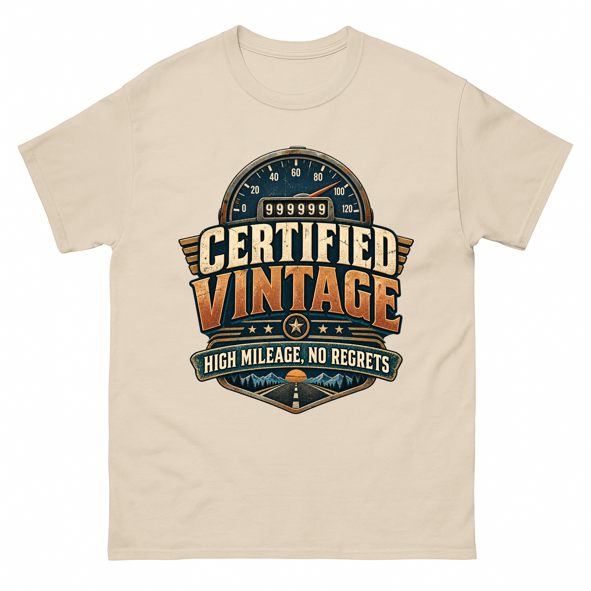 Sand vintage t-shirt with Certified Vintage High Mileage, No Regrets printed front design