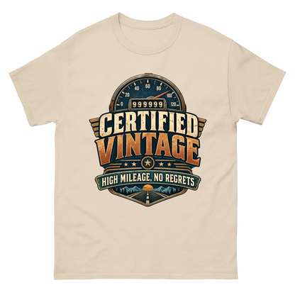 Sand vintage t-shirt with Certified Vintage High Mileage, No Regrets printed front design
