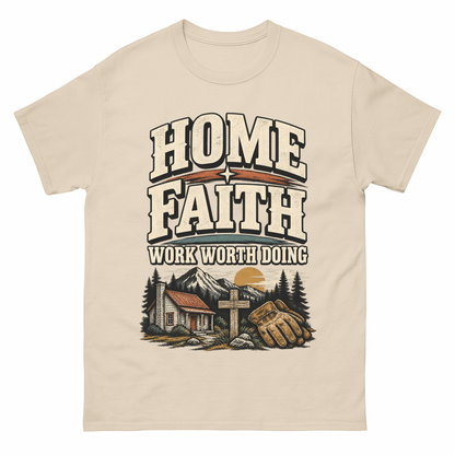 Sand vintage t-shirt with Home Faith Work Worth Doing printed front design