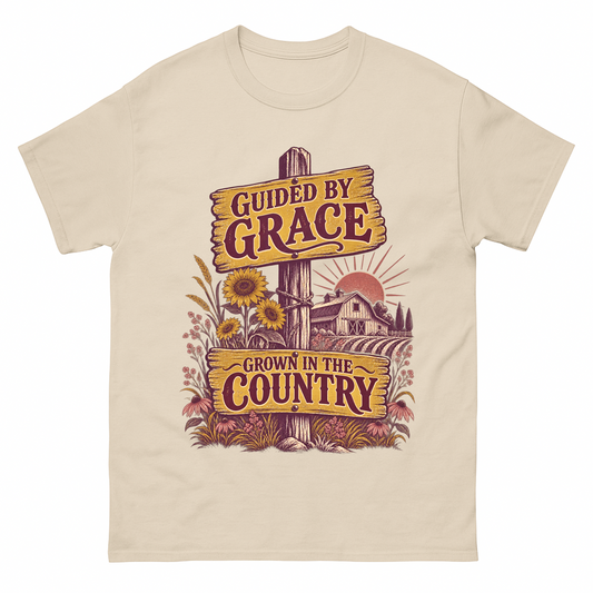 Sand vintage t-shirt with Guided By Grace Grown In The Country printed front design