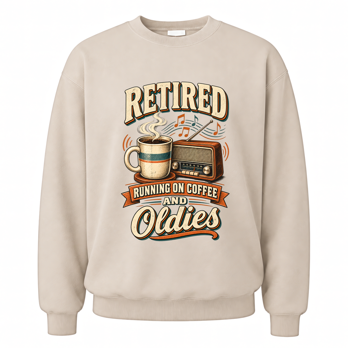 Sand vintage sweatshirt with Retro Running On Coffee And Oldies printed front design
