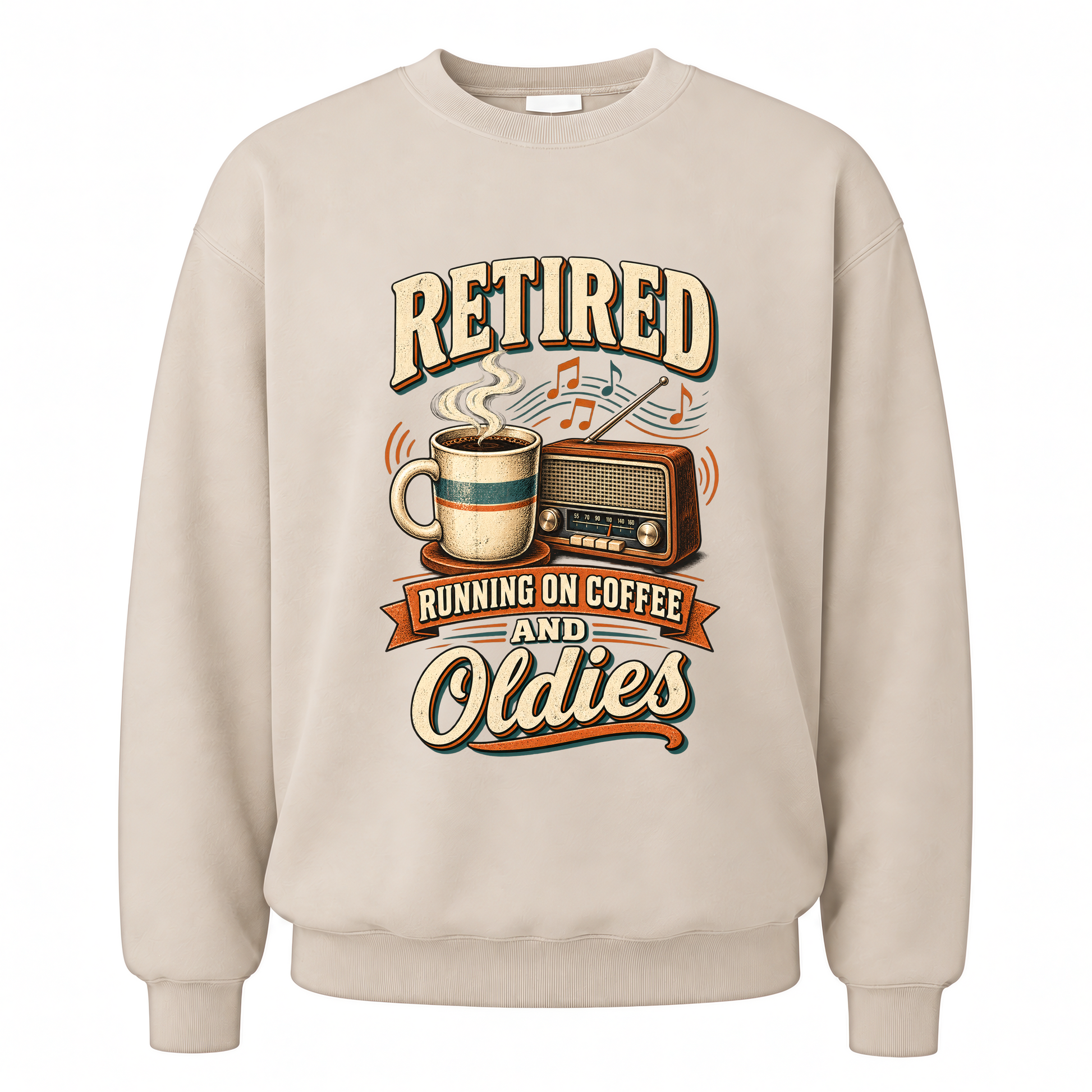 Sand vintage sweatshirt with Retro Running On Coffee And Oldies printed front design