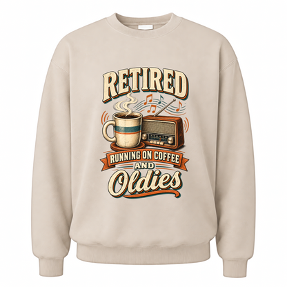 Sand vintage sweatshirt with Retro Running On Coffee And Oldies printed front design
