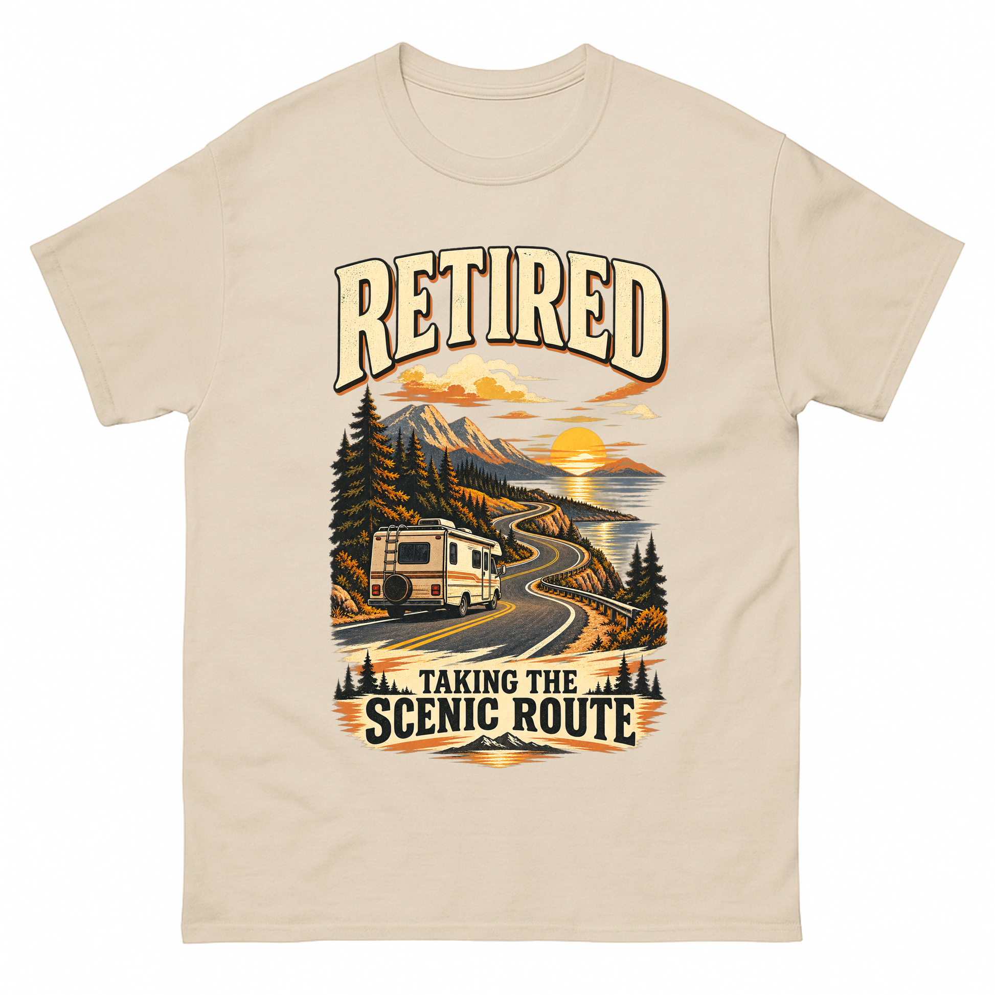 Sand vintage t-shirt with Retired Taking The Scenic Route printed front design
