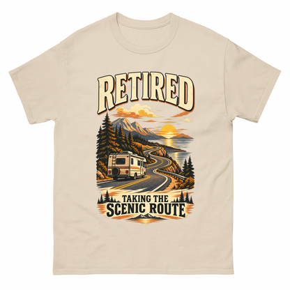 Sand vintage t-shirt with Retired Taking The Scenic Route printed front design