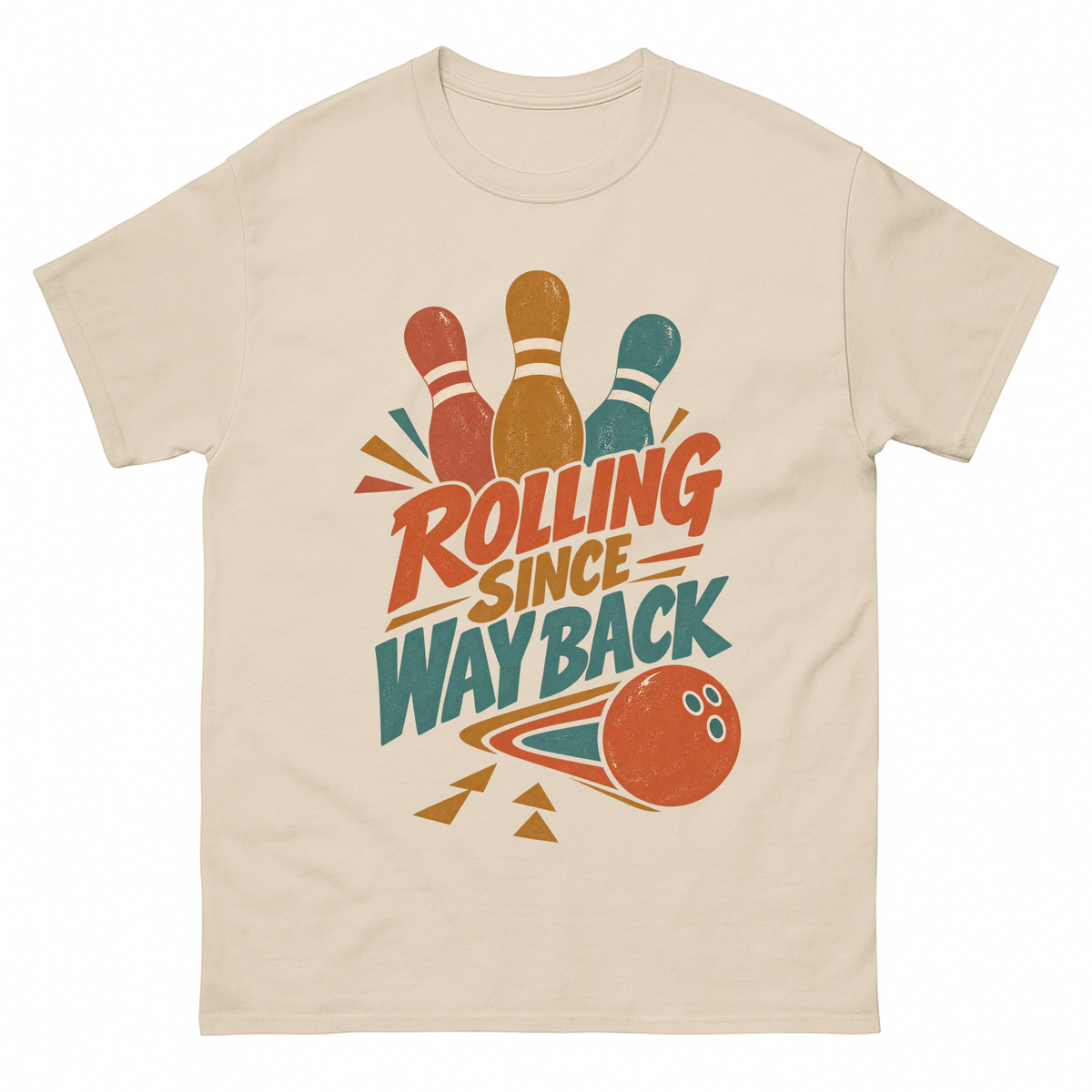 Sand vintage t-shirt with Bowling Since Way Back printed front design