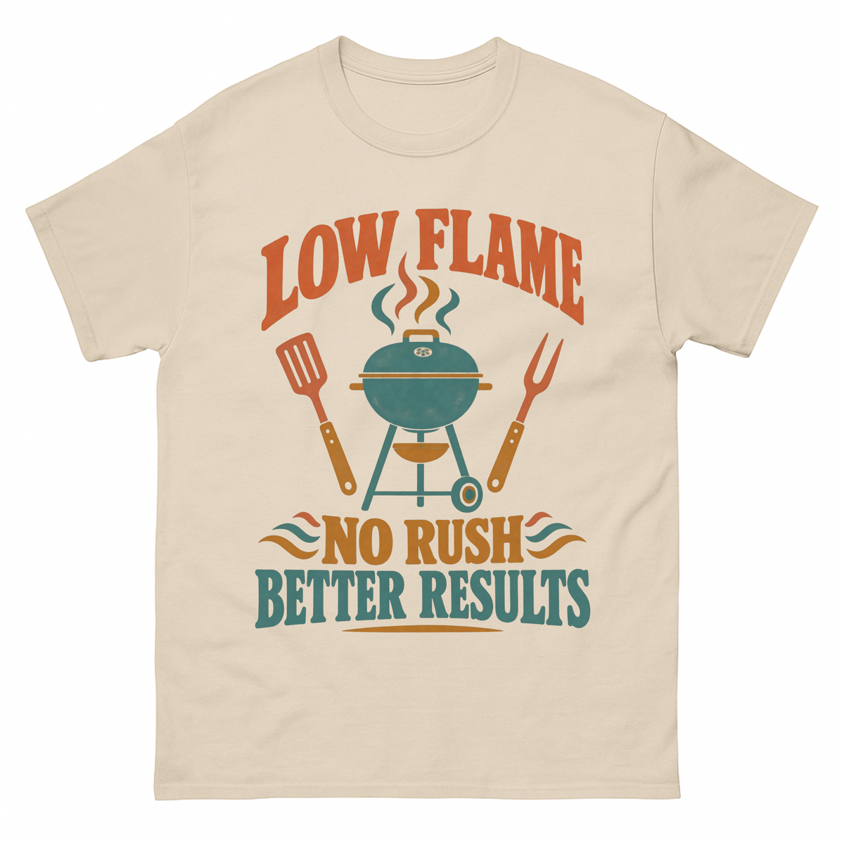 Sand vintage t-shirt with Low Flame. No Rush Better Results printed front design