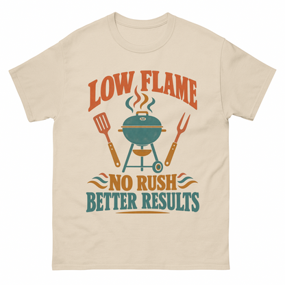 Sand vintage t-shirt with Low Flame. No Rush Better Results printed front design