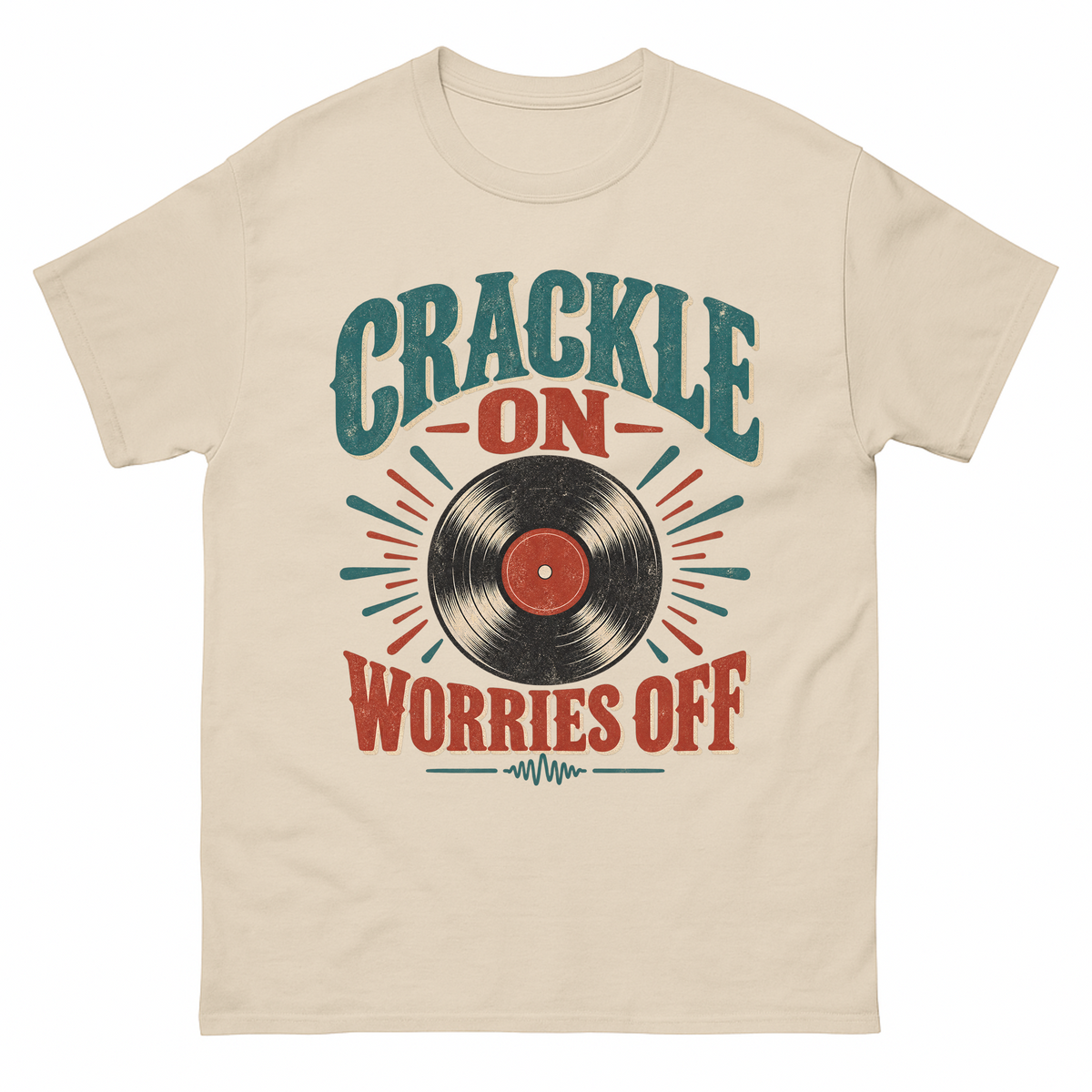 Sand vintage t-shirt with Crackle On Worries Off printed front design