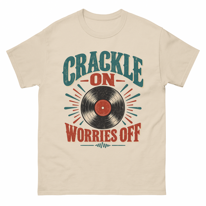 Sand vintage t-shirt with Crackle On Worries Off printed front design